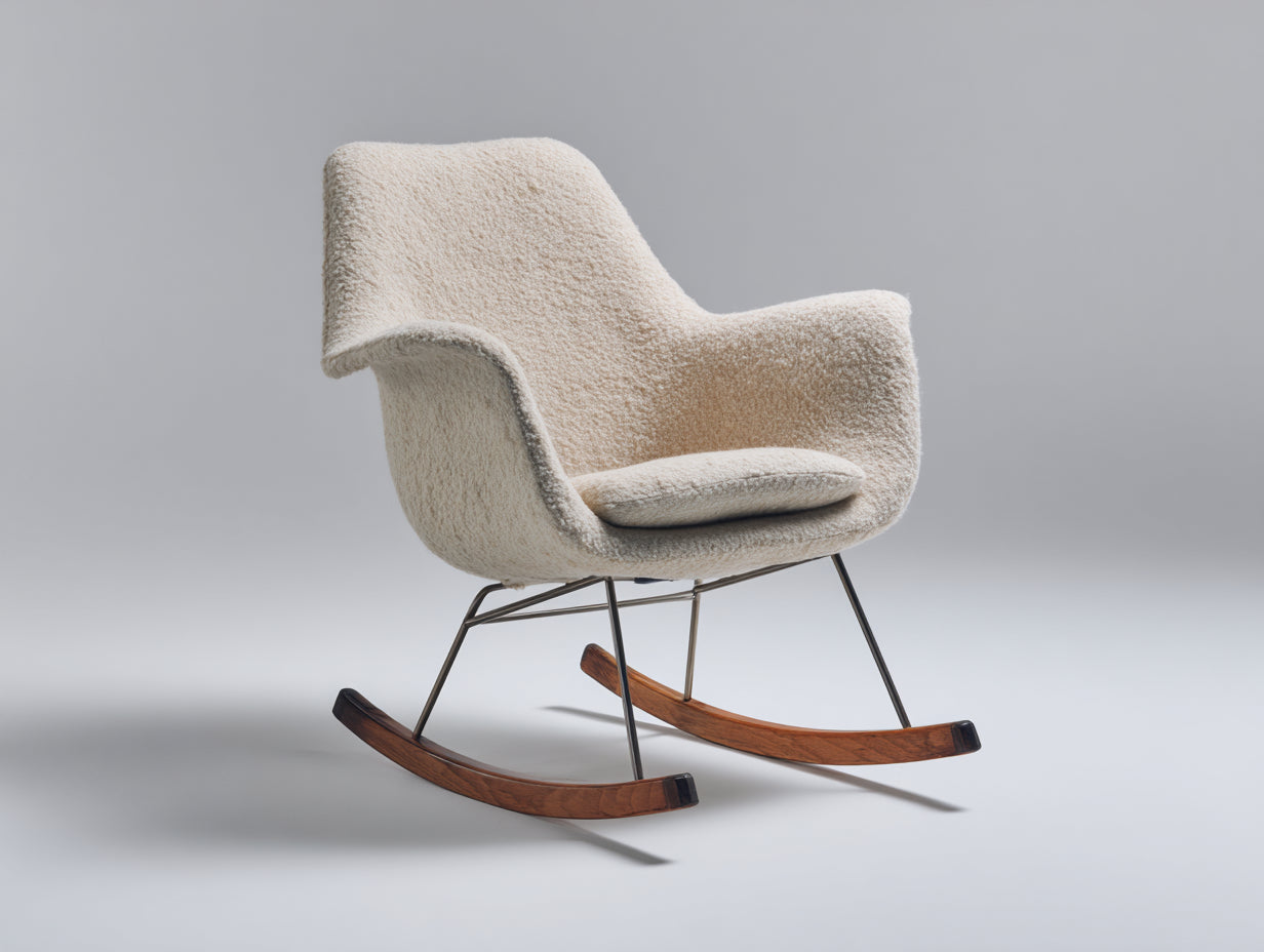 Fauteuil à bascule en tissu bouclé beige avec structure métallique et patins en bois style scandinave salon intérieur
