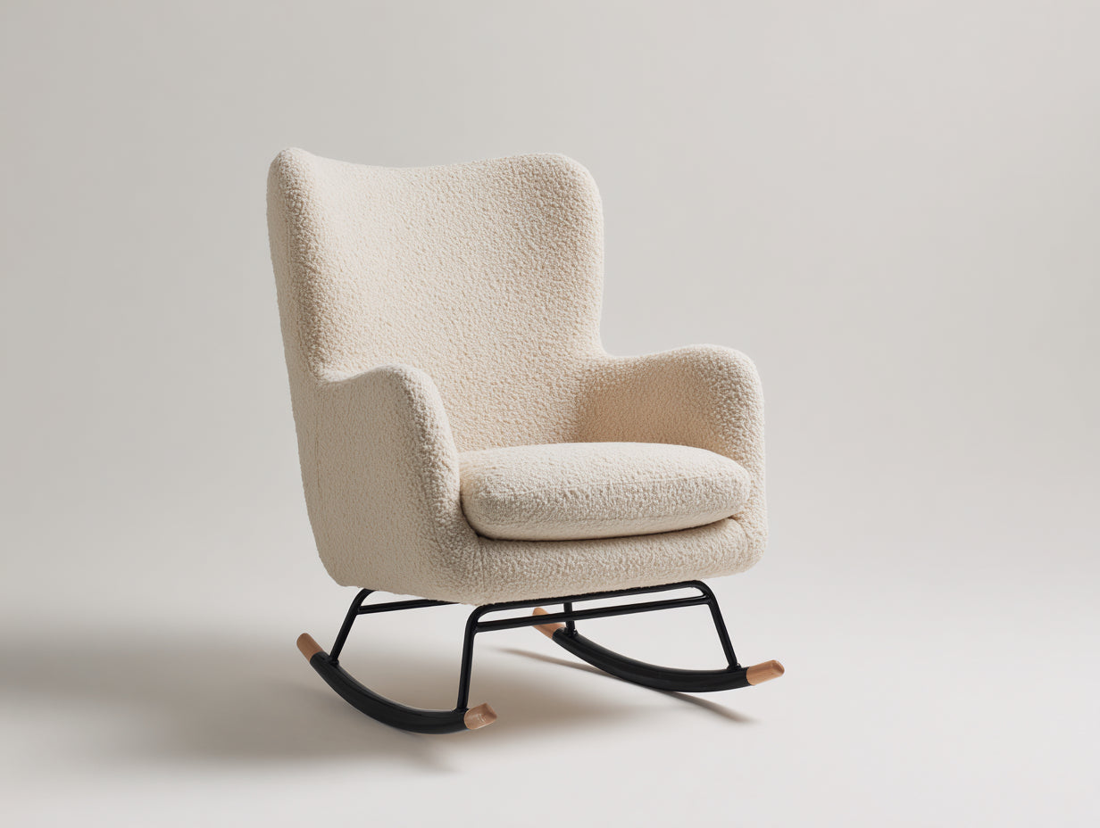 Fauteuil à bascule en tissu bouclé beige structure métal noir et patins bois 80x84x100 cm style scandinave salon intérieur