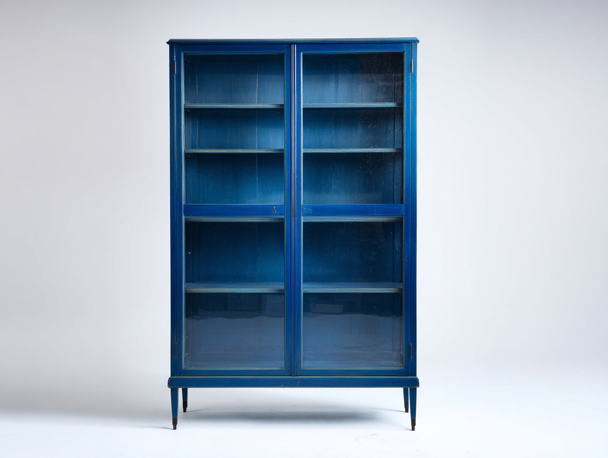 Vitrine en bois massif vitrée 2 portes 90x40x185 cm - bleu foncé - meuble de rangement style classique moderne salon