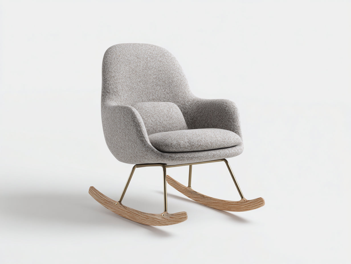 Fauteuil à bascule en tissu bouclé beige structure métal doré et patins bois 80x85x100 cm style scandinave salon intérieur