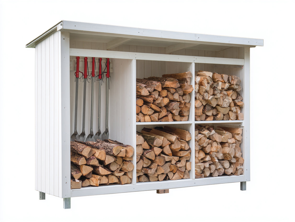 Abri à bûches en bois 200x60x170 cm blanc 4 compartiments toit métal gris rangement extérieur avec support outils