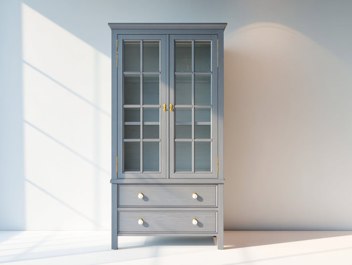 Vitrine en bois massif vitrée avec tiroirs 90x40x180 cm - gris bleuté - meuble de rangement classique moderne salon