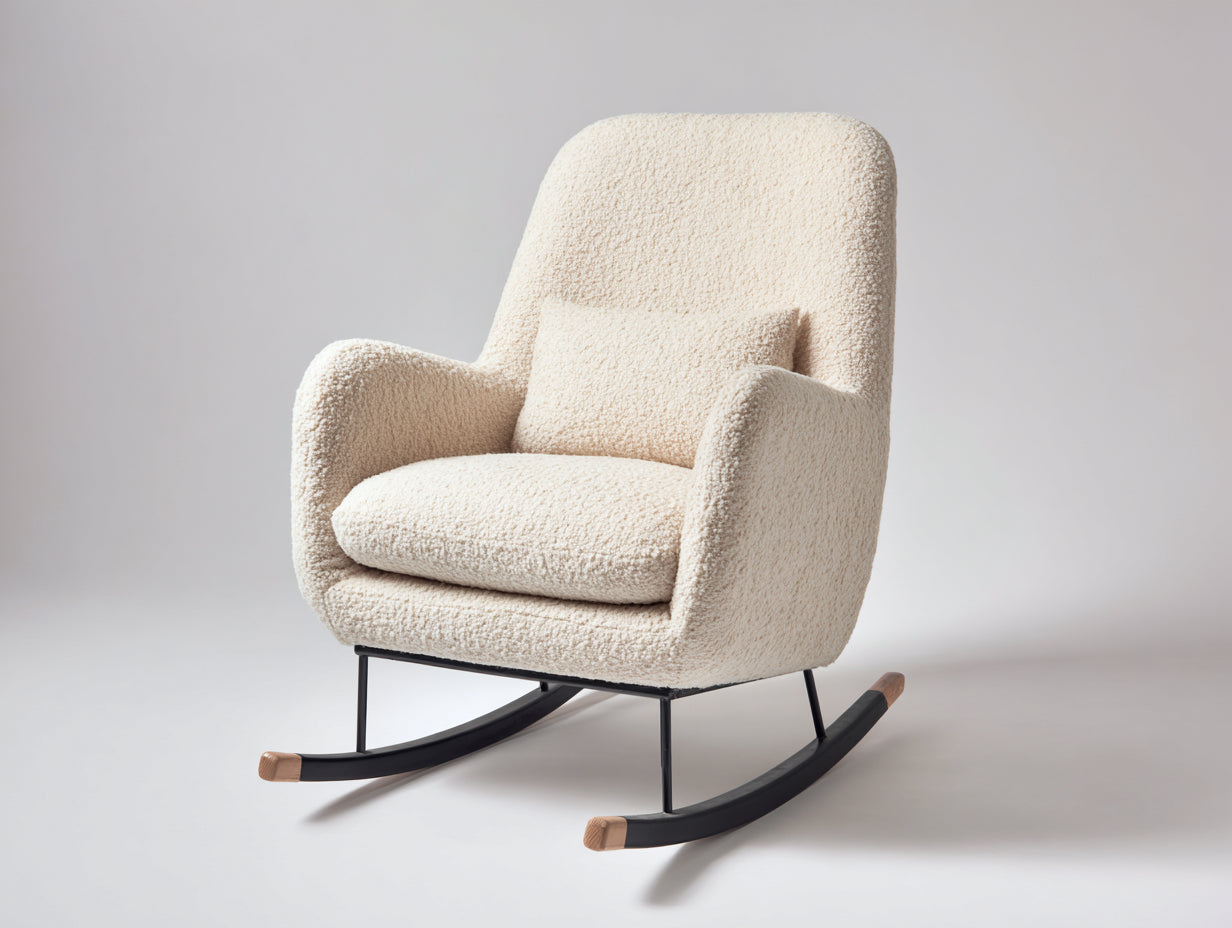 Fauteuil à bascule bouclette beige design moderne métal noir bois naturel 70x82x90 cm - beige - fauteuil rocking chair salon intérieur