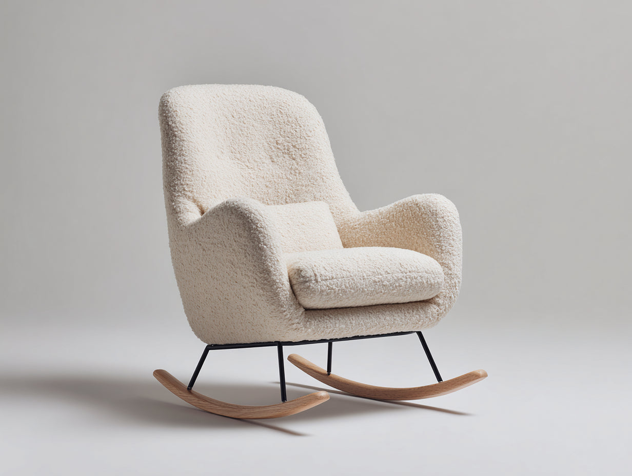 Fauteuil à bascule bouclette beige design moderne métal noir bois naturel 72x80x88 cm - beige - fauteuil rocking chair intérieur