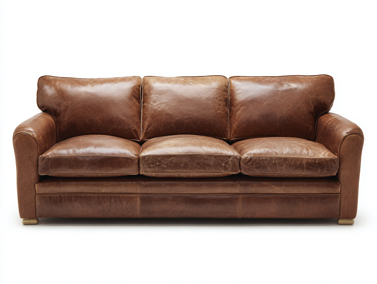 Canapé 3 places en cuir marron vieilli structure bois massif style vintage confortable salon usage intérieur