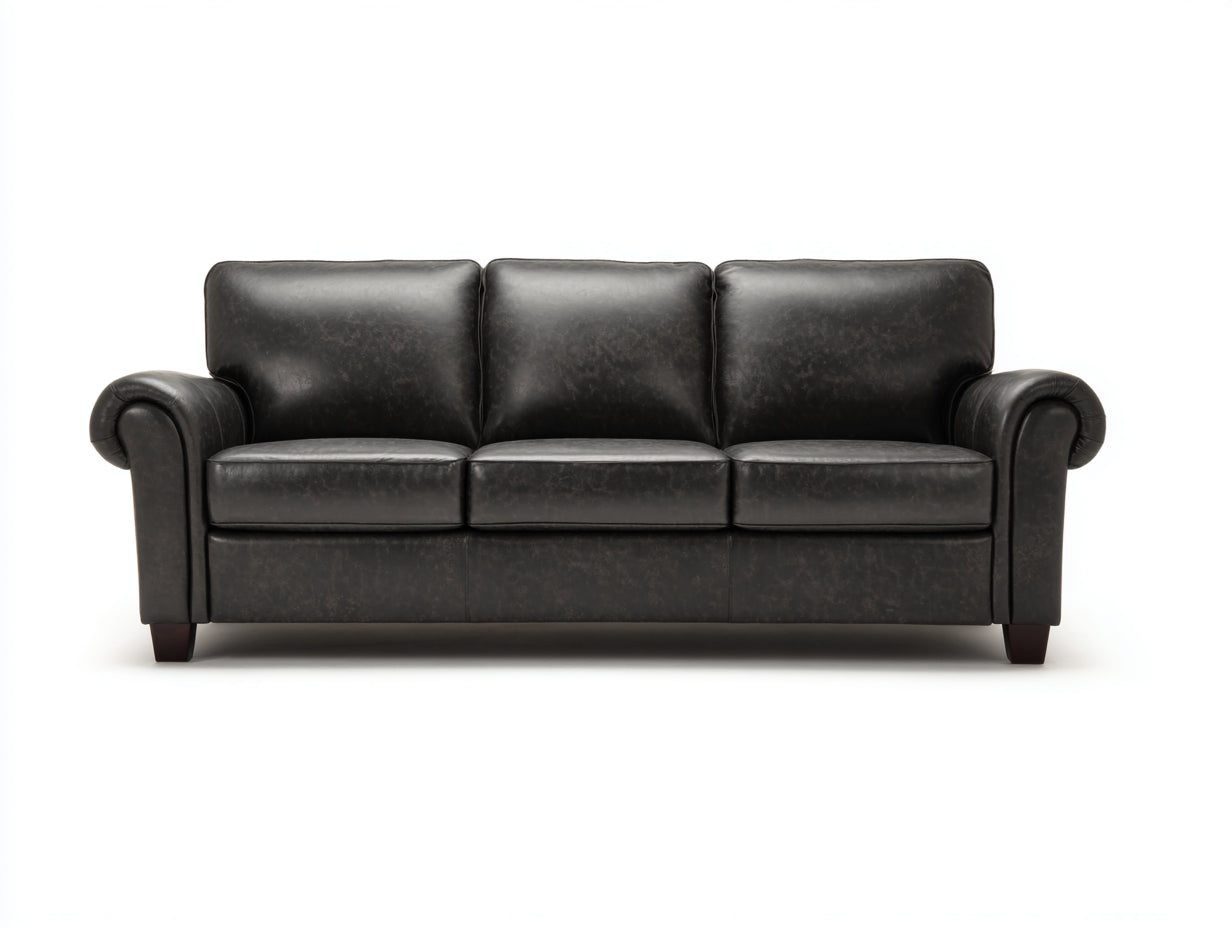 Canapé 3 places cuir noir vieilli 210x88x85 cm style vintage salon intérieur