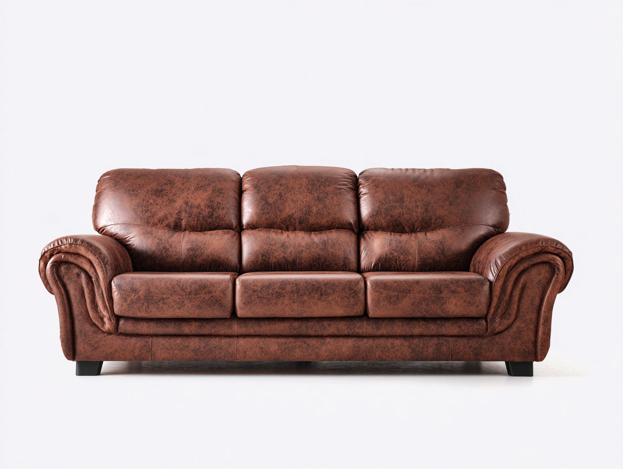 Canapé 3 places en cuir marron vieilli 210x95x95 cm style vintage confortable salon élégant