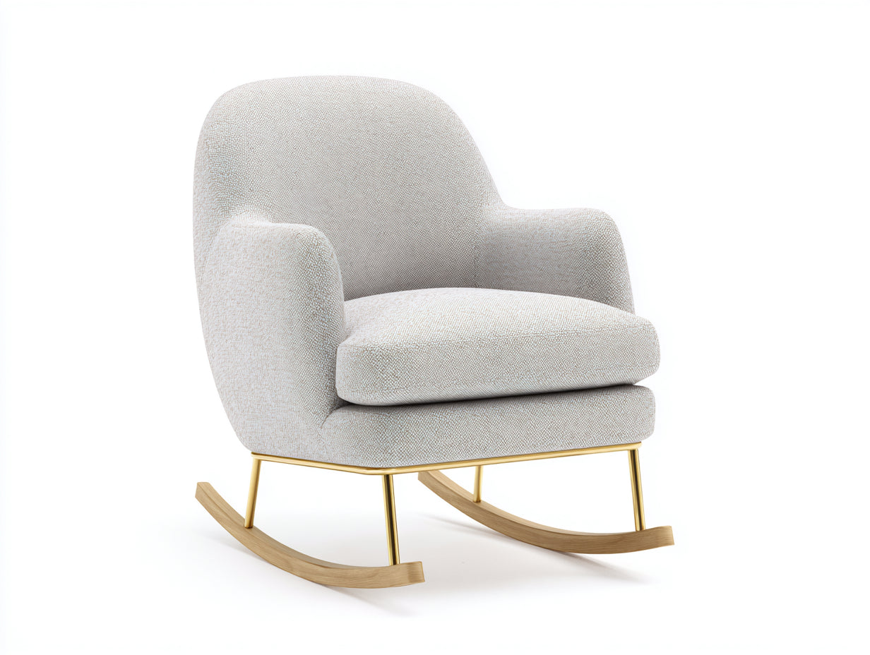Fauteuil à bascule en tissu bouclé beige structure métal doré et bois 70x90x100 cm style moderne élégant salon confortable