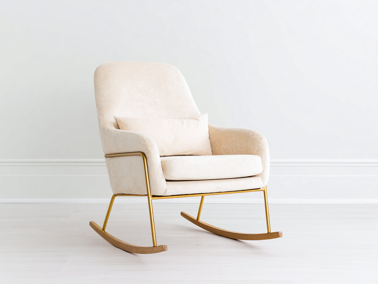 Fauteuil à bascule en tissu bouclé beige structure métal doré et bois 70x90x100 cm style moderne élégant salon confortable