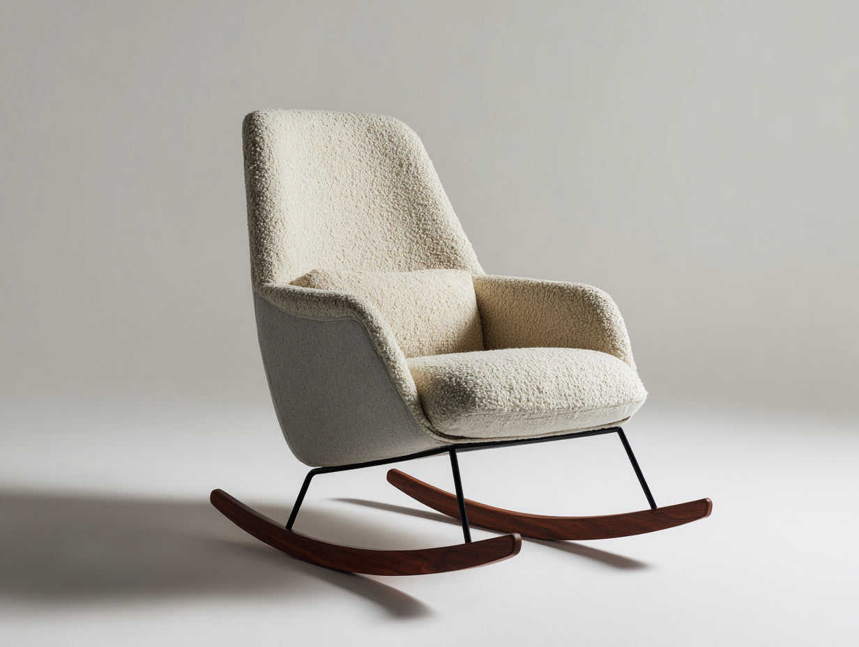 Fauteuil à bascule en tissu bouclé beige structure métal noir et bois 70x90x100 cm style scandinave salon confortable