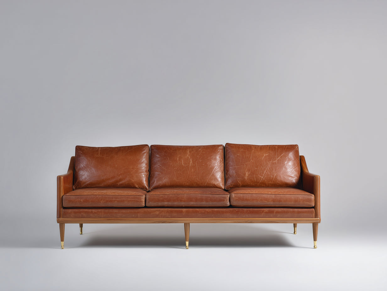 Canapé 3 places en cuir cognac 210x95x85 cm - brun cognac - canapé salon cuir vintage pieds bois design
