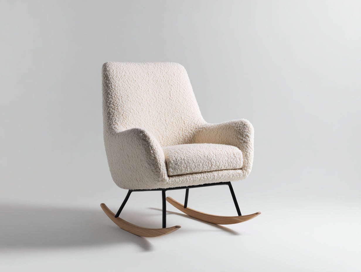 Fauteuil à bascule en tissu bouclé beige structure métal noir et bois 70x90x100 cm style scandinave salon confortable