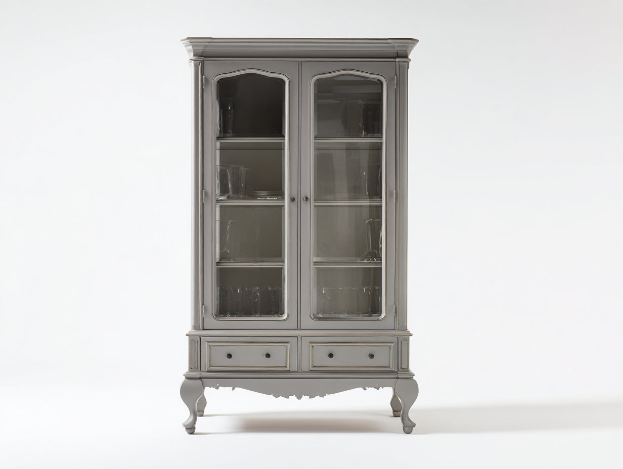 Vitrine en bois et verre 120x45x190 cm gris clair style classique élégant meuble de rangement salon salle à manger