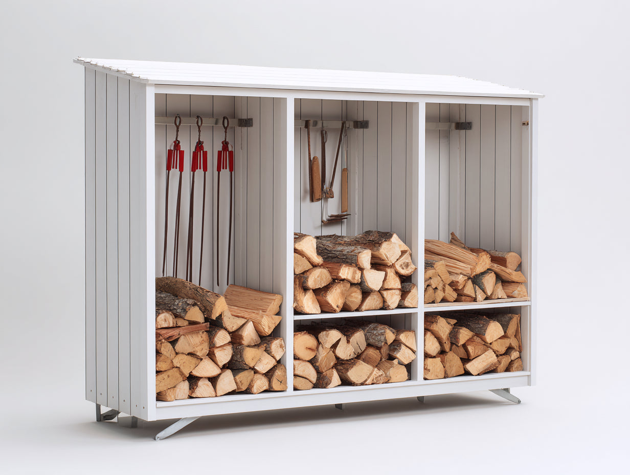 Abri à bûches en bois multi compartiments 220x60x170 cm - blanc - rangement extérieur bois de chauffage grande capacité