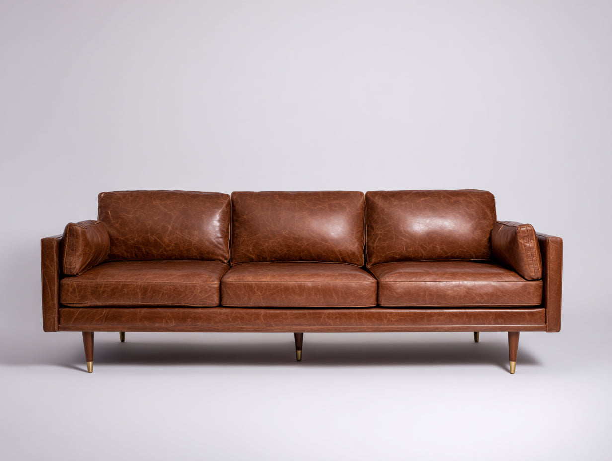 Canapé 3 places cuir marron vieilli 220x85x88 cm style vintage salon intérieur