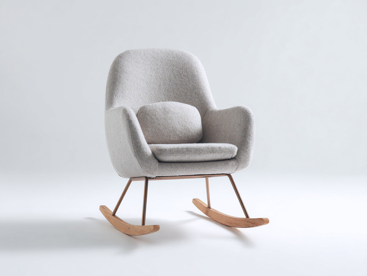 Fauteuil à bascule tissu bouclé beige structure métal doré patins bois 80x85x100 cm style scandinave salon intérieur