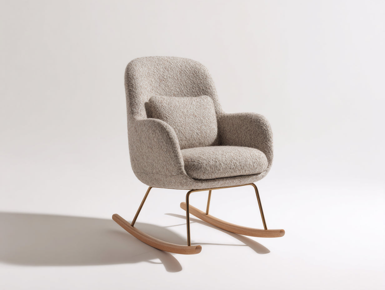 Fauteuil à bascule tissu bouclé beige structure métal doré patins bois 80x85x100 cm style scandinave salon intérieur