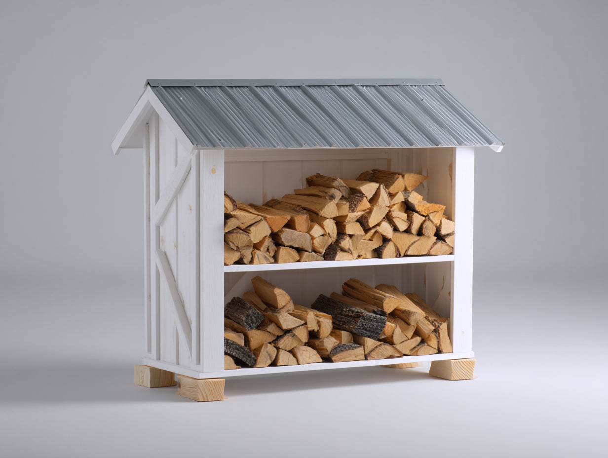Abri à bûches en bois massif avec toit métallique gris - blanc - rangement extérieur bois de chauffage - design double niveau