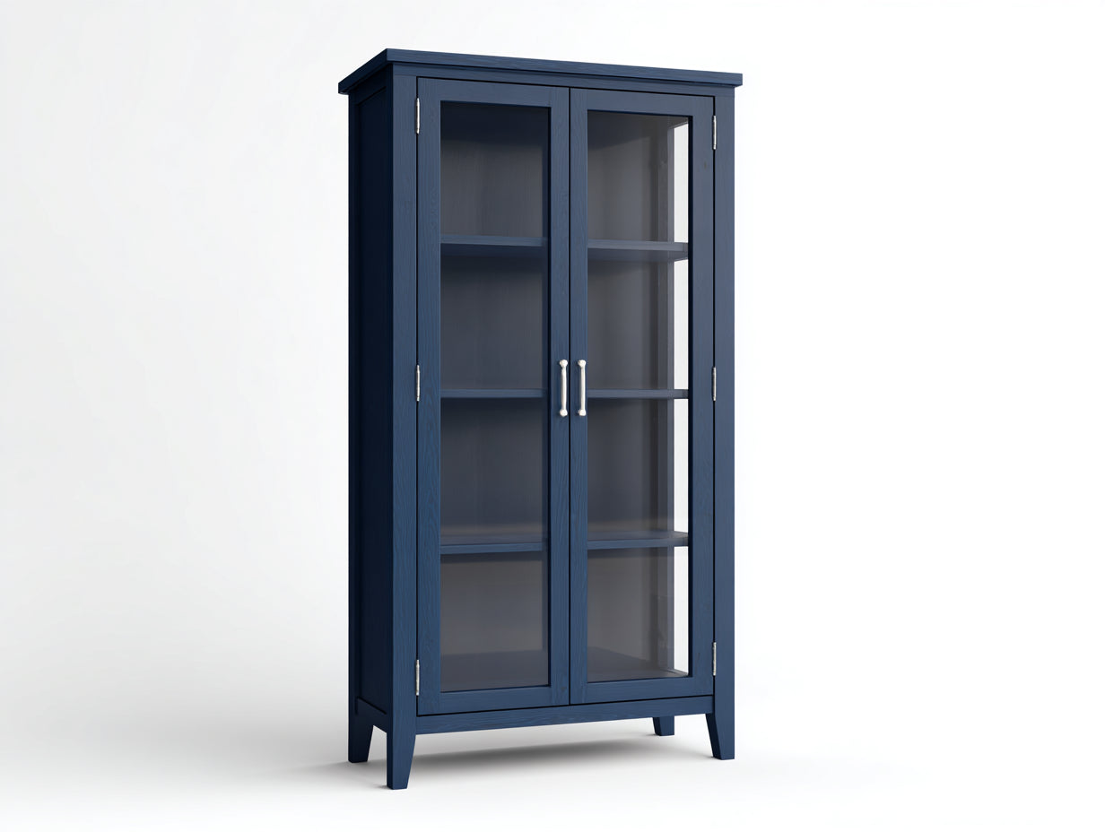 Vitrine en bois massif vitrée 2 portes 90x40x180 cm - bleu foncé - style classique moderne meuble de rangement salon