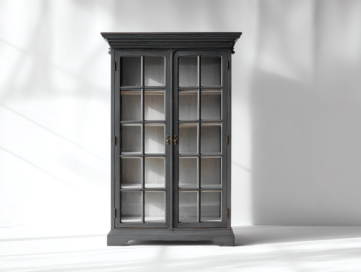 Vitrine en bois massif vitrée 2 portes 95x40x185 cm - gris foncé - style classique rustique meuble de rangement salon